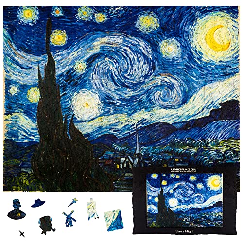 UNIDRAGON Original Holzpuzzle Kunstsammlung - Van Gogh - Starry Night, 1000 Teile, 17.4" х22, schöne Geschenkverpackung, Einzigartige Form Erwachsene und Kinder von UNIDRAGON