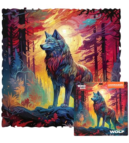 UNIDRAGON Original Holzpuzzle – Smart Wolf, 100 Teile, 14 x 14 cm, schöne Geschenkverpackung, einzigartige Form, Erwachsene und Kinder von UNIDRAGON