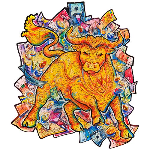 UNIDRAGON Wooden Puzzle Jigsaw, Best Gift for Adults and Kids, Unique Shape Jigsaw Pieces Prosperous Bull, 9.8 x 11.4 inches, 211 Pieces, Medium von UNIDRAGON