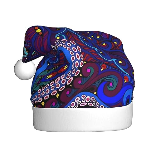 Weihnachtsmütze mit blauem Oktopus-Druck, Plüsch-Weihnachtsmütze, Unisex, Weihnachtsmütze für Weihnachten, Neujahr, festliche Feiertagsparty von UNIOND