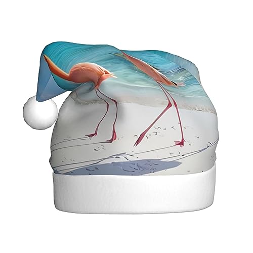 Weihnachtsmütze mit pinkem Flamingo am Strand, Plüsch-Weihnachtsmütze, Unisex, Weihnachtsmütze für Weihnachten, Neujahr, festliche Feiertagsparty von UNIOND