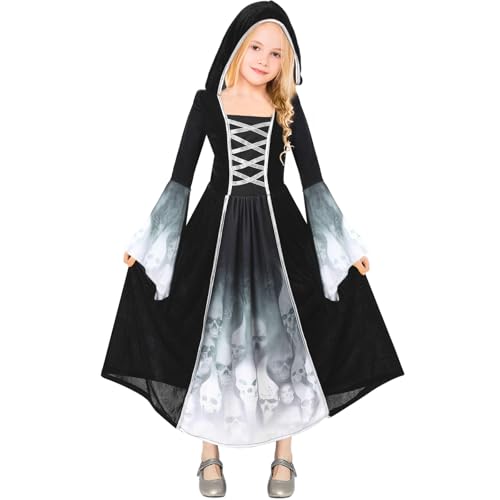 UNOLIGA Halloween Kostüm Mädchen 110 116 122 128 134 140, Halloween Kostüm Kinder Mädchen Gruselig, für Sensenmann Horror Prinzessin, Schwarz Halloween Kleid Mädchen von UNOLIGA