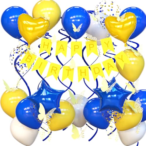 UOMYLEIR Blau Gelb Geburtstag Dekorationen, Happy Birthday Banner für Kinder, Glitzer Hängend mit Schmetterling, Geburtstag Wimpelkette Banner mit Luftballons von UOMYLEIR