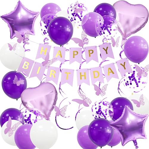 UOMYLEIR Purple Birthday Decorations, Happy Birthday Banner for Kids, Glitter Hanging with Butterfly, Birthday Bunting Banner with Balloons UOMYLEIR Purple Birthday Decorations, Happy Birthday Banner for Kids, Glitter Hanging with Butterfly, Birthday Bunting Banner with Balloons von UOMYLEIR