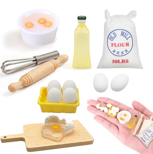 9 Stück Mini Zubehör, Mini Backset, Puppenhaus Zubehör, Mini Küchenspielzeug, Mini Ei Nudelholz Mehlsack, Mini Nudelholz Set, Mini Küchen Lernspielzeug für Jungen und Mädchen von UOPMQGB