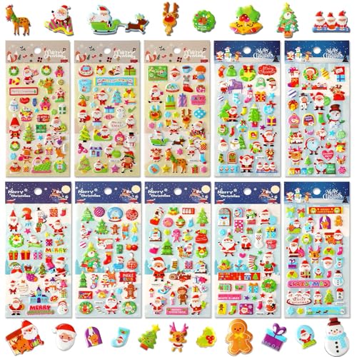 UPINS Weihnachts Aufkleber für Kinder, 10 Blatt Feiertagsaufkleber 3D Puffy Stickers Schneemann Rentier Baum Weihnachtsmann Schaumstoffaufkleber Abziehbilder für Weihnachtsfeiergeschenke Scrapbook von UPINS