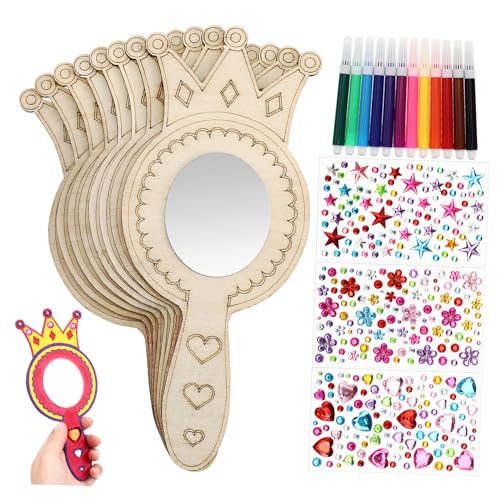 UPKOCH 8 Teiliges Holzspielzeug Set DIY Handspiegel Mit 12 Aquarellstiften Und 3 Glitzersteinen Kreatives Bastelset Für Perfekt Für Prinzessinnengeburtstagsfeiern Und Dekoration von UPKOCH