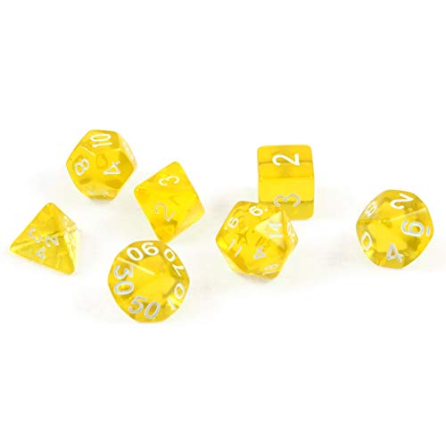 shibby 7 polyedrische Würfel für Rollen- und Tabletopspiele in transparent / gelb mit Beutel, 60015382, 7cm x 9cm von shibby