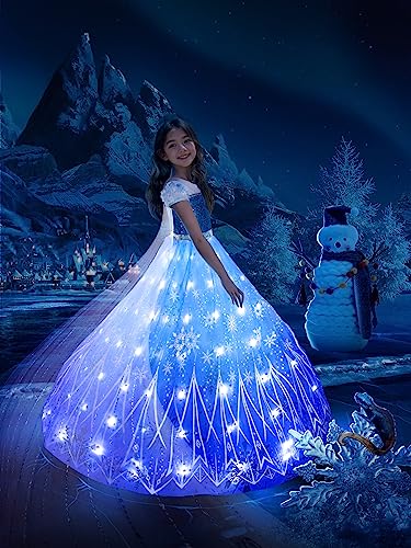 UPORPOR LED Kostüme Mädchen Kinder Kleid Karneval Schnee Prinzessin Halloween Eis Verkleidung Fee Märchen Verkleiden Party Geburtstag Blau Lila Ballkleid Hochzeit, 140 von UPORPOR