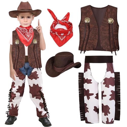 UPZAI Karneval Cowboy Kostüm Kinder: Cowboyhut Kostüm Set mit Hut Halstuch Weste Hose - Cowboy Outfit Jungen für Fasching Carnival Mottoparty Cosplay (L) von UPZAI