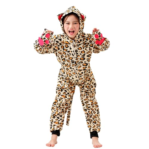 UPZAI Karneval Leoparden Kostüm Kinder: Leopard Tierkostüm Kinder mit Aufgesetzter Kapuze und Handschuhe - Gepard Overall Plüschkostüm für Fasching Carnival Cosplay (Leopard, L) von UPZAI