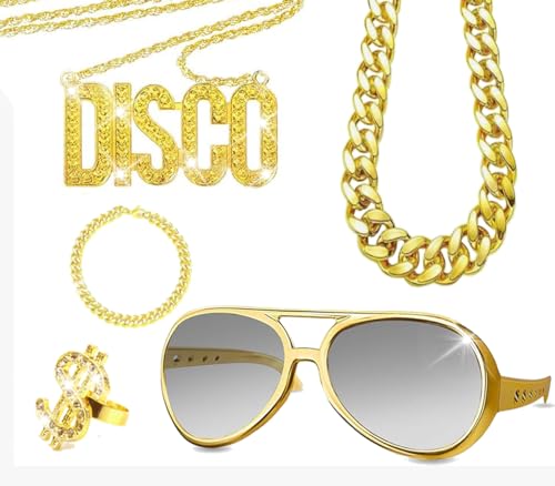 UQTUKO 5 Stück Disco kostüm Accessoires Hip Hop Kostüm Herren Retro Sonnenbrille Disco Goldkette Dollar Ring Armband Fasching Accessoires für 80er 90er Jahre Fasching Karneval Cosplay Kostüm von UQTUKO