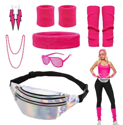 UQTUKO 80er 90er Jahre Outfit Damen, 80er Jahre Kostüm Damen Party Kleidung Accessoires mit Neon Stirnband Armbänder Beinwärmer Bauchtasche Brille Ohrring für Mottoparty Fasching Karneval, Rosa von UQTUKO