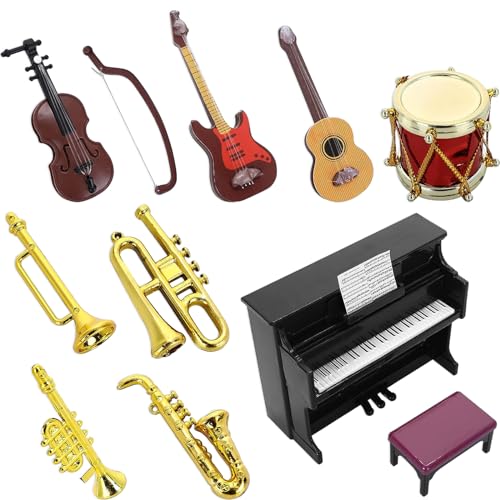 UQTUKO Miniatur Musikinstrumenten Set, 11Pcs Miniatur Puppenhaus Zubehör 1:12 Miniatur Puppenhaus Musikinstrument aus Geige Klavier Trompete Saxophon E-Gitarre für Puppenhaus Mini Musikzimmer von UQTUKO