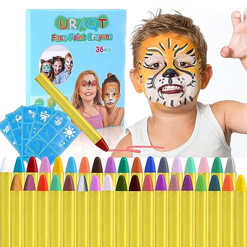 URAQT 36 Farben Kinderschminke Set Fasching,Gesichtsfarbe Schminkstifte Bodypaint Schminkpalette für Faschingsschminke Kinder Fasching Schminke Karneval Halloween Körpermalfarben Glitzer Buntstifte von URAQT