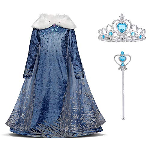 URAQT Kostüm Mädchen, Kleid mit Krone und Zauberstab, Kostüm Kinder Prinzessin Cosplay für Karneval Verkleidung Hochzeit Halloween Party (130CM) von URAQT