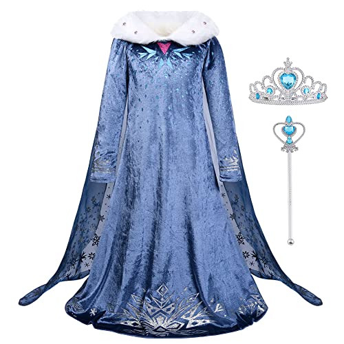 URAQT Anna Kostüm Mädchen Langarm Anna und ELSA Kleid Prinzessin Kostüm Mädchen mit Feenstab Krone ELSA Kostüm für Kinder für Hochzeit Karneval Party Verkleidung Halloween Weihnachten Cosplay 140cm von URAQT