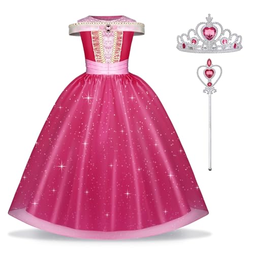 URAQT Aurora Mädchen Prinzessin Kleid, 3teiliges Dornröschen Kinder Mädchen Kostüm Set mit Kronen, Zauberstabzubehör，Rose Rot Spitze Prinzessin Kleid für Karneval, Weihnachten, Mottoparty Cosplay 130 von URAQT