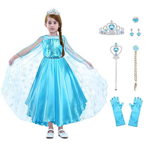 URAQT ELSA Kleid Kostüm, ELSA ANNA Kostüm mit Prinzessin Zubehör, ELSA Prinzessin Dress Up für Mädchen, Verkleidung für Geburtstag Weihnachten Party Cosplay von URAQT