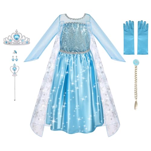 URAQT Kleid Prinzessin Kostüm Kinder Mädchen, Krone Kleid Kinder 9-teiliges Set mit Diadem Handschuhe Zauberstab usw für Weihnachten Verkleidung Karneval Party Halloween,100CM von URAQT