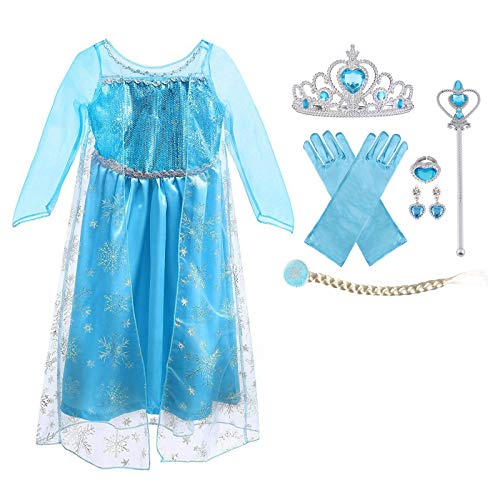 URAQT ELSA Kleid Prinzessin Kostüm Kinder Mädchen, ELSA Krone Kleid Kinder 9-teiliges Set mit Diadem Handschuhe Zauberstab usw für Weihnachten Verkleidung Karneval Halloween Größe 100 von URAQT