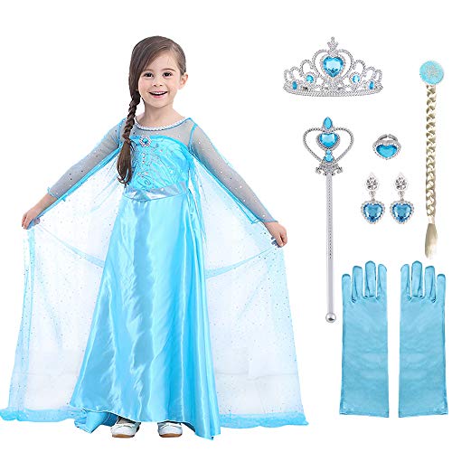 URAQT Kleid Prinzessin Kostüm Kinder Mädchen, Krone Kleid Kinder Kostüm 9-teiliges Set mit Diadem Handschuhe Zauberstab usw für Weihnachten Verkleidung Karneval Halloween,100CM von URAQT