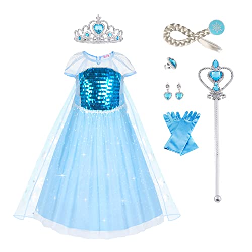 URAQT Kostüm Kinder, Prinzessin Kleid Mädchen, 10-teiliges Set Kleid Kinder mit Krone Handschuhe Zauberstab usw für Halloween Weihnachten Verkleidung Karneval(100) von URAQT