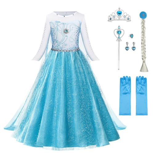 URAQT Kostüm Kinder Mädchen, 6-teiliges Set Kinder Prinzessin Kleid mit Krone Diadem Handschuhe Zauberstab usw für Weihnachten Karneval Halloween Rollenspiel(130) von URAQT