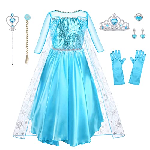 URAQT Kostüm Kinder Mädchen, 9-teiliges Set Kleid Kinder mit Krone Diadem Handschuhe Zauberstab für Weihnachten Verkleidung Karneval Halloween Geburtstag Party,130CM von URAQT