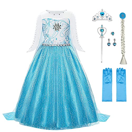 URAQT ELSA Kostüm Kinder Mädchen, 6-teiliges Set ELSA Kinder Prinzessin Kleid mit Krone Diadem Handschuhe Zauberstab usw für Weihnachten Karneval Halloween Rollenspiel(140) von URAQT