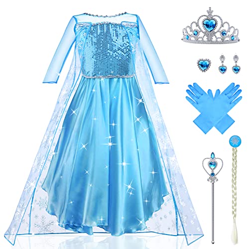 URAQT Kostüm Kinder Mädchen, 9-teiliges Set Kleid Kinder mit Krone Diadem Handschuhe Zauberstab für Weihnachten Verkleidung Karneval Halloween Geburtstag Party(110) von URAQT