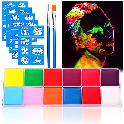 URAQT Kinderschminke Set, 12 Farben UV Bodypainting Schminkfarbe, Neon UV Schminkfarben Schminkpalette, Waschbar Face Paint Körperfarbe mit 2 Pinsel und 40 Tattoos für Halloween Karneval Make-up von URAQT