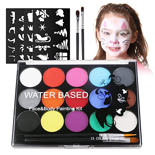 URAQT Kinderschminke Set, 15 Farben Schminkfarben Schminkpalette, Waschbar Face Paint Bodypaint Schminkset, Körperfarbe Kinder mit 2 Pinsel und 32 Tattoos für Halloween Karneval Make-up Fasching von URAQT