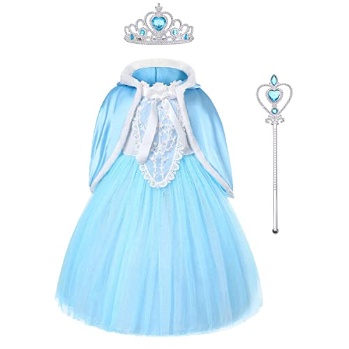 URAQT Mädchen Kostüm ELSA Kleid mit Umhang, Kinder Prinzessin Kleid Cosplay Kostüme, Kinder Verkleidung Party Weihnachten Halloween Fest, mit Elsa Krone Zauberstab (120) von URAQT