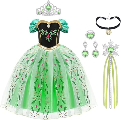 URAQT Mädchen Kostüm Kleid, Kinder Prinzessin Kostüm für Karneval Party Cosplay Verkleidung Halloween Fest Geburtstag, mit Zubehör Krone Zauberstab, 100CM von URAQT