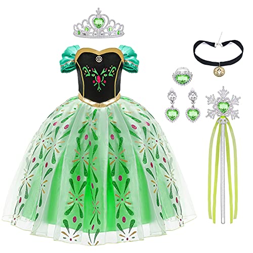 URAQT Mädchen Kostüm Kleid, Kinder Prinzessin Kostüm für Karneval Party Cosplay Verkleidung Halloween Fest Geburtstag, mit Zubehör Krone Zauberstab, 130CM von URAQT