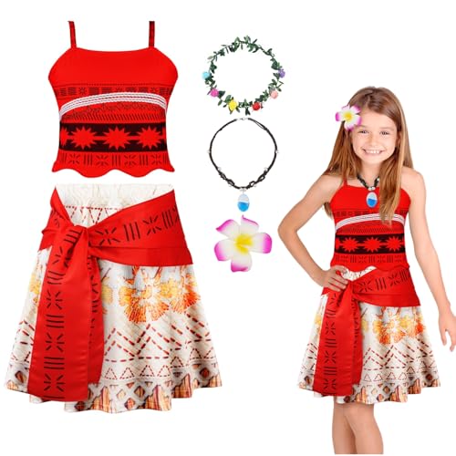 URAQT Mädchen Moanna Prinzessinnenkleid, Cosplay Karneval Verkleidung Party Prinzessin Kleid mit Kinder Zubehör Halskette Blumenreife Haarspange Oberteil+Rock (100cm) von URAQT