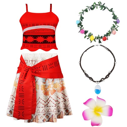 URAQT Mädchen Moanna Prinzessinnenkleid, Cosplay Karneval Verkleidung Party Prinzessin Kleid mit Kinder Zubehör Halskette Blumenreife Haarspange Oberteil+Rock (150cm) von URAQT