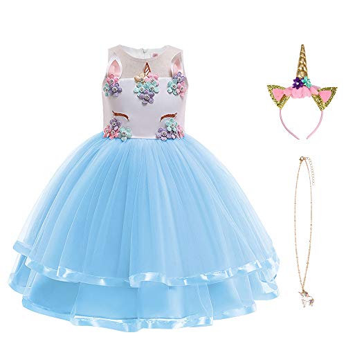 URAQT Mädchen Prinzessin Kleid, Mädchen Einhorn Cosplay Karneval Verkleidung Party Hochzeit Prinzessin Kleid mit Halskette und Stirnband, 100CM, Blau von URAQT