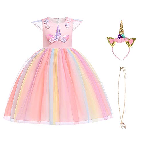 URAQT Mädchen Prinzessin Kleid, Mädchen Einhorn Cosplay Karneval Verkleidung Party Hochzeit Prinzessin Kleid mit Halskette und Stirnband, 100CM, Rosa&Gelb von URAQT