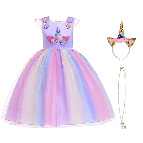 URAQT Mädchen Prinzessin Kleid, Mädchen Einhorn Cosplay Karneval Verkleidung Party Hochzeit Prinzessin Kleid mit Halskette und Stirnband, 110CM, Lila von URAQT