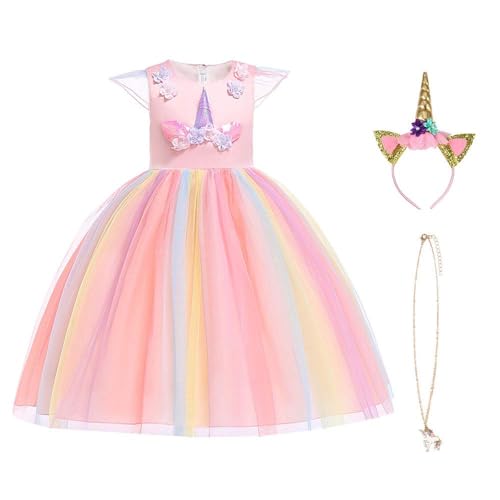 URAQT Mädchen Prinzessin Kleid, Mädchen Einhorn Cosplay Karneval Verkleidung Party Hochzeit Prinzessin Kleid mit Halskette und Stirnband, 110CM, Rosa&Gelb von URAQT