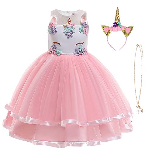 URAQT Mädchen Prinzessin Kleid, Mädchen Einhorn Cosplay Karneval Verkleidung Party Hochzeit Prinzessin Kleid mit Halskette und Stirnband, 110CM, Rosa von URAQT