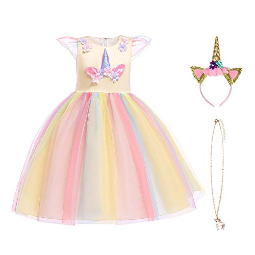 URAQT Mädchen Prinzessin Kleid, Mädchen Einhorn Cosplay Karneval Verkleidung Party Hochzeit Prinzessin Kleid mit Halskette und Stirnband, 120CM, Gelb von URAQT