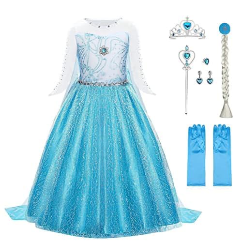 URAQT Mädchen Prinzessin Kostüm, Kinder Kleid 6-teiliges Set mit Krone Diadem Handschuhe Zauberstab usw für Weihnachten Verkleidung Karneval Halloween,100CM von URAQT