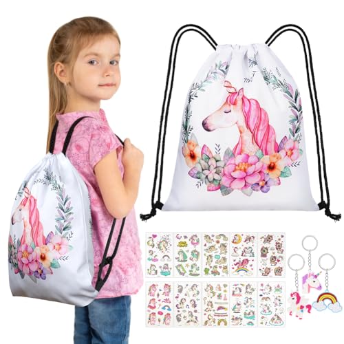 URAQT Turnbeutel Kindergarten, Einhorn Unicorn Turnbeutel Rucksack, kids Turnbeutel, Sticker, Armbänder als Partygeschenk (A) von URAQT