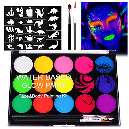 URAQT UV Kinderschminke Set, 15 Farben Schminkfarben Schminkpalette, Waschbar Face Paint Bodypaint Schminkset, Körperfarbe Kinder mit 2 Pinsel und 32 Tattoos für Halloween Karneval Make-up Fasching von URAQT