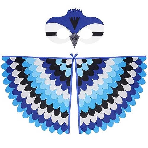 URAQT Vogelflügel Kostüm Kinder, Blau Flügel Umhang mit Filzaugen Maske Set, Buntes Vogeleule Verkleiden für Jungen Mädchen, Vogelkostümkinder Halloween Karneval Cosplay Party von URAQT