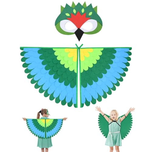 URAQT Vogelflügel Kostüm Kinder, Grüner Papagei Flügel Umhang mit Filzaugen Maske Set, Buntes Papagei Verkleiden für Jungen Mädchen, Halloween Karneval Cosplay Party URAQT Vogelflügel Kostüm Kinder, Grüner Papagei Flügel Umhang mit Filzaugen Maske Set, Buntes Papagei Verkleiden für Jungen Mädchen, Halloween Karneval Cosplay Party von URAQT