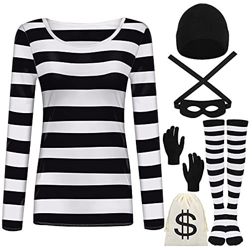 URATOT Damen Räuber Kostüm Set Cosplay Dieb Zubehör für Halloween Party, weiß / schwarz, L von URATOT